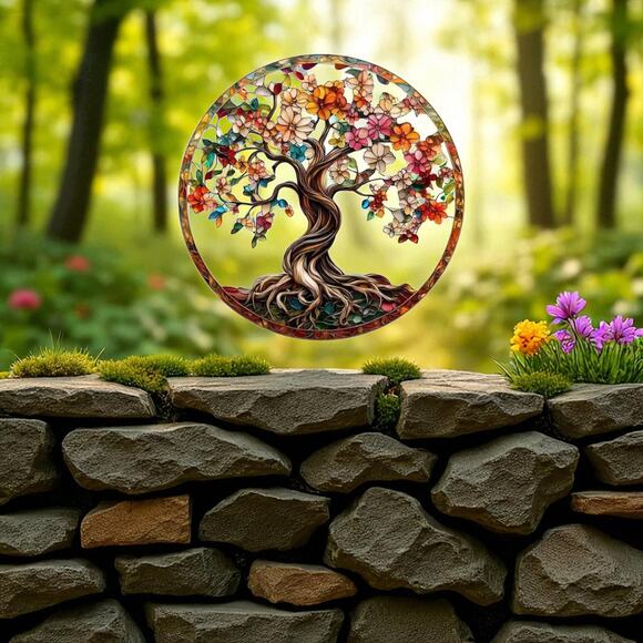 Tree of Life Suncatcher 9" Acrylic Stained Glass Autumn Flowers - Picture 3 of 5